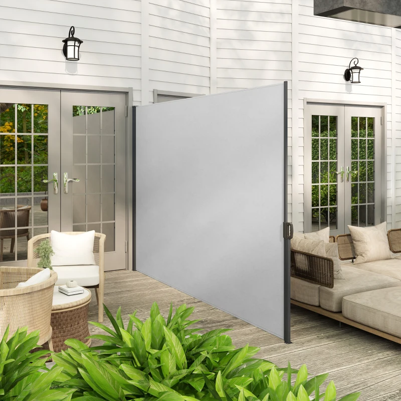 Outsunny Retractable Side Awning, Garden Privacy Screen Divider, Full Cassette Wind Breaker for Hot Tub, Balcony, Terrace, Pool, 300 x 180 cm, Light Grey