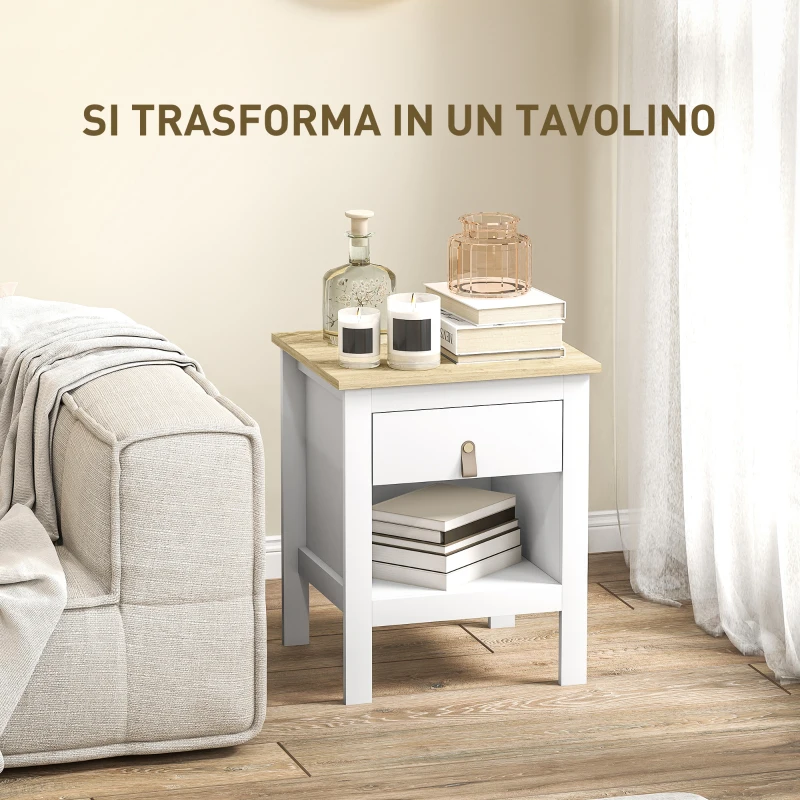 HOMCOM Set 2 Comodini con Cassetto e Ripiano Aperto in Legno, 45x40x55 cm, Bianco e Rovere