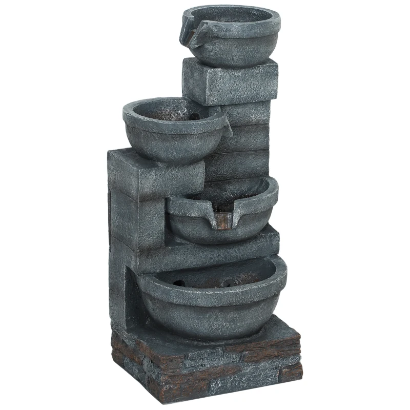 Outsunny Fonte de Jardim com Iluminação LED Fonte Decorativa em Cascata de 4 Níveis 38x35x78,5 cm Cinzenta