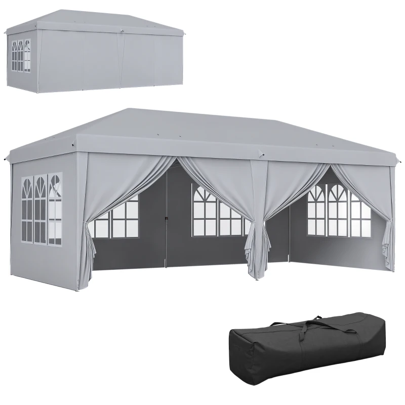 Outsunny Tonnelle barnum pliant pop-up 6 x 3 x 2,7 m 4 parois latérales amovibles 4 fenêtres sac de transport gris clair