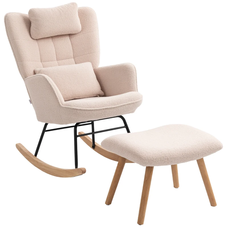 HOMCOM Sillón mecedora con reposapiés, cubierta de felpa suave, patas de madera, cojines, respaldo alto, sillón mecedor, Beige