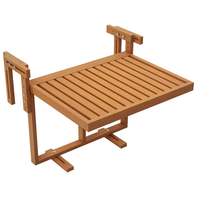 Outsunny Tavolino da Ringhiera per Balcone Pieghevole e Regolabile in Legno, Colore Teak