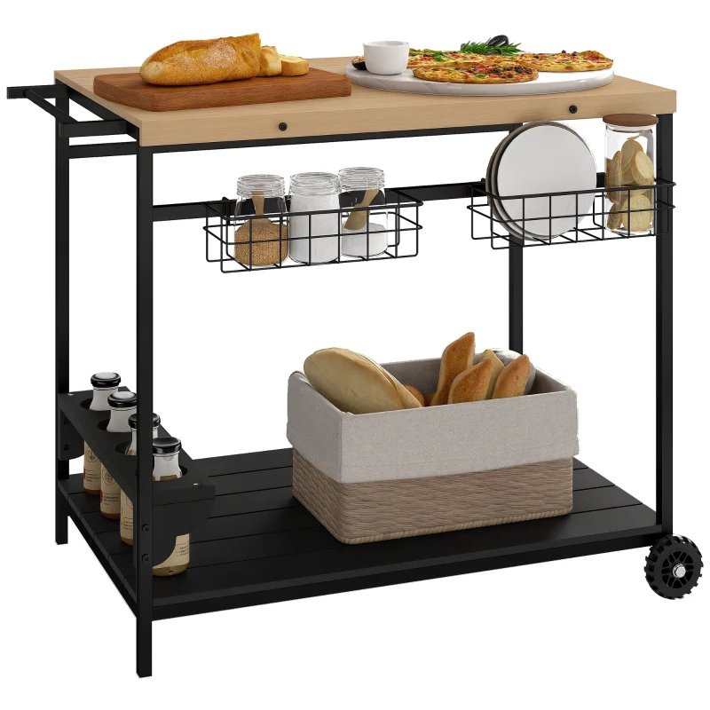 Outsunny Desserte de jardin chariot pour plancha barbecue en bois et métal avec poignée 2 plateaux 2 paniers et porte-bouteilles