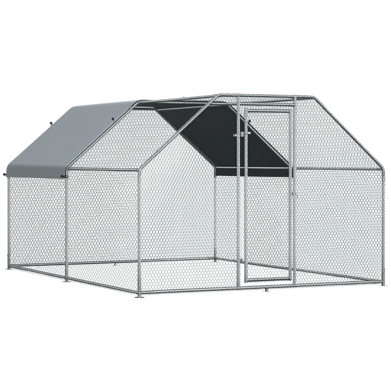 Pawhut Recinto Gabbia per Galline da Esterno in Metallo Galvanizzato, Pollaio per Galline Ovaiole da Esterno, Porta con Blocco e Sezione con Tessuto Oxford, 280x380x195 cm, Argento
