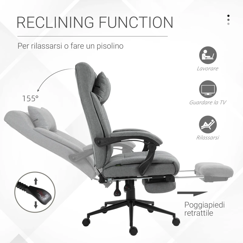Vinsetto Sedia da Ufficio Ergonomica Reclinabile, Sedia Direzionale con Schiena Alta, Poltrona Ufficio con Poggiatesta e Poggiapiedi Estraibile, 66x76x112-120cm, Grigio