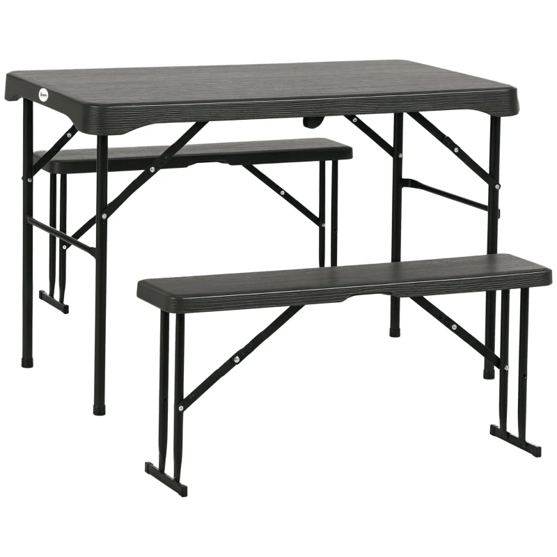 Outsunny Folding Picnic Table with 2 Benches, 3-Piece Portable Garden Furniture Set for 4, Dining Table Set with Plastic Top, Steel Frame, Dark Grey