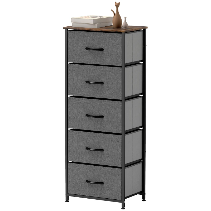 HOMCOM Fabric Chest of Drawers, Industrial Bedroom Dresser with 5 Fabric Drawers, Steel Frame and Wooden Top for Nursery, Living Room, Hallway, Rustic Brown and Grey