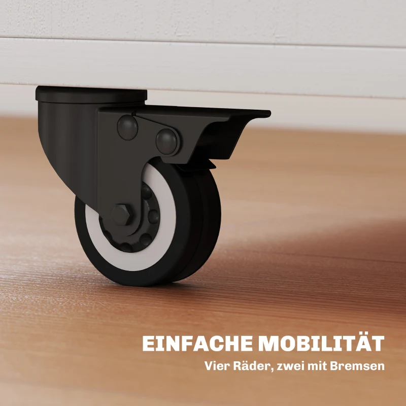 HOMCOM Klapptisch Rollschrank, zwei klappbare Tischseiten, Schrankfach, 4 Rollen, Weiß+Naturholz, 70 x 83 x 75cm(m-7)