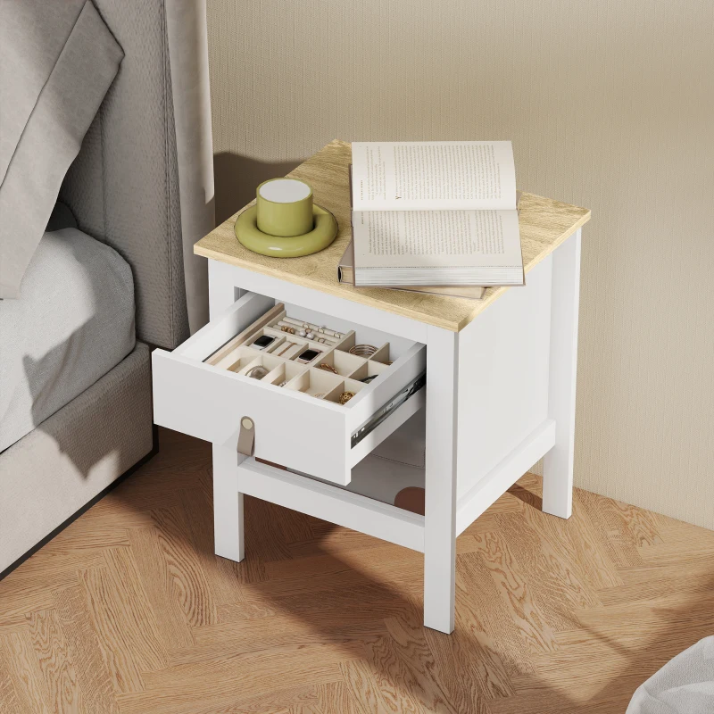 HOMCOM Mesilla de Noche con 1 Cajón Compartimento Abierto Tirador de PU Mesa Auxiliar para Salón Dormitorio 45x40x55 cm Blanco