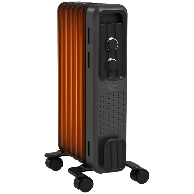 HOMCOM 1500W Oil Filled Radiator, 7 Fin, Portable Electric Heater with 3 Heat Settings, Safety Cut-Off and Wheels, Grey