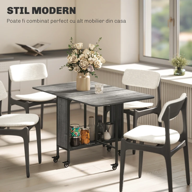 HOMCOM Masă Pliabilă, Rabatabilă pentru 4-6 Persoane cu Raft și 6 Roți, din Lemn și Metal, 130x80x74 cm, Gri