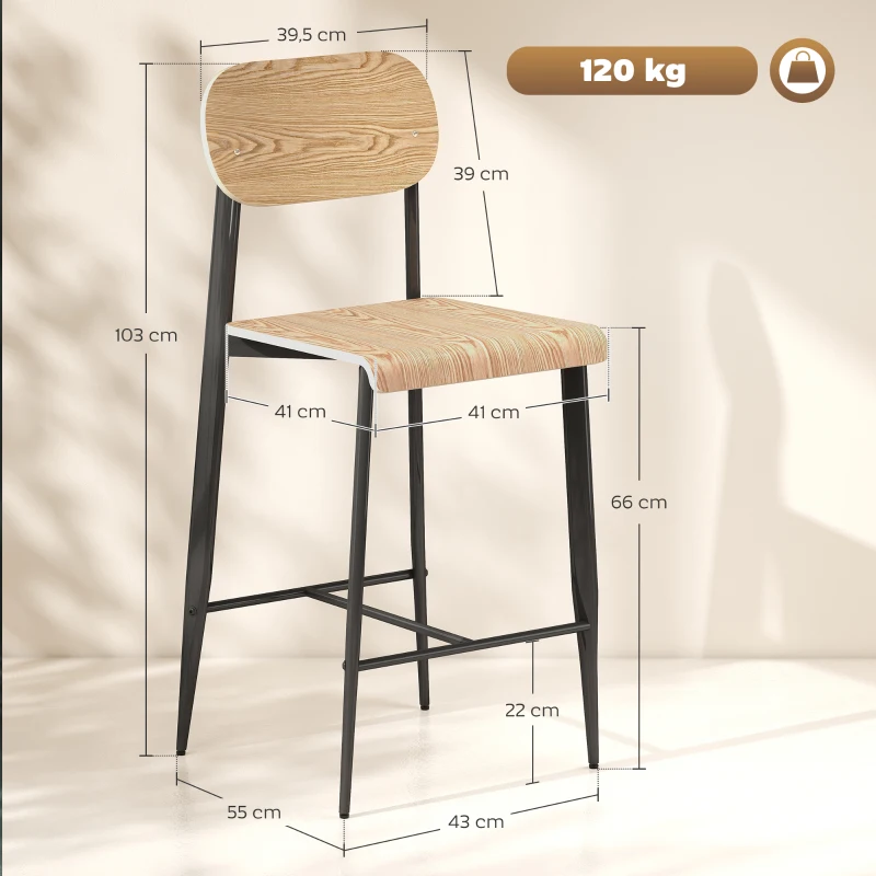 HOMCOM Lot de 2 tabourets de bar, hauts 65H cm avec dossier, structure en acier, effet bois naturel