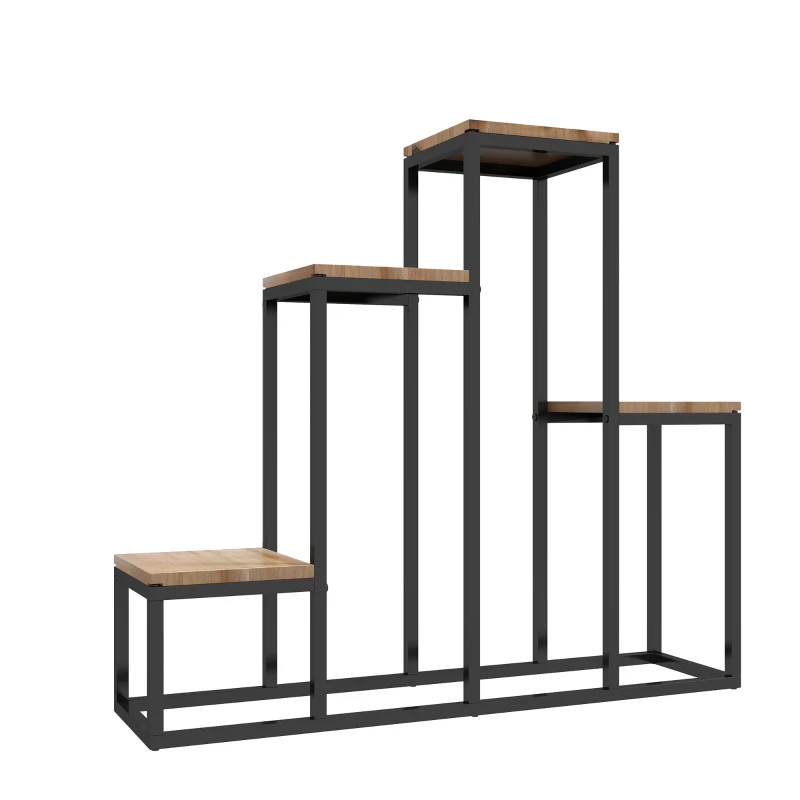 Outsunny Étagère à plantes étagère à fleurs en métal et bois 4 niveaux de différentes hauteurs style industriel 80 x 20 x 74 cm