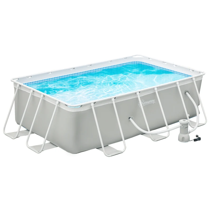Outsunny Piscina Desmontable Tubular 340x215x80 cm Piscina Rectangular de Exterior con Depuradora de Cartucho 4.000 L/H Mangueras Longitud 100 cm y Marco de Acero 4200 L Gris