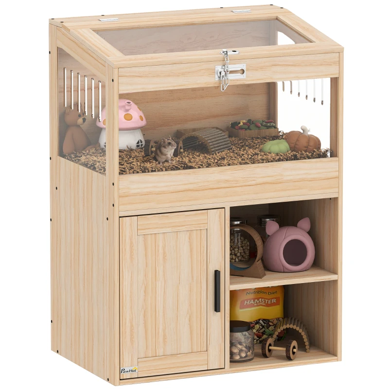PawHut Gabbia per Criceto con Spazio di Archiviazione Pannelli in Acrilico Visibili Ripiano Regolabile 60x40x82,5 cm Naturale