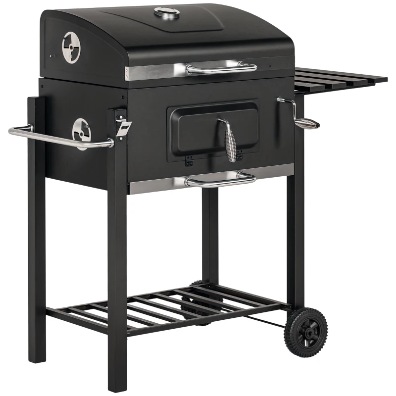 Outsunny Barbecue a Carvão com Rodas Tampa Grelhas de Aço Inoxidável Termômetro Bandeja Lateral e Prateleira 113x65x108 cm Preto