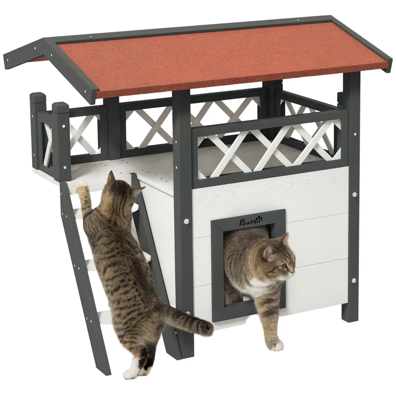 PawHut Caseta para Gatos de 2 Niveles 77x50x73 cm Refugio para Gatos con Techo Asfáltico Escalera y Balcón para Exterior Blanco