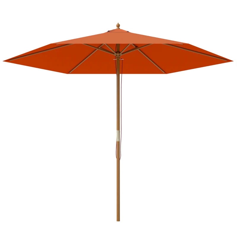 Outsunny 2.5m Wood Garden Parasol Sun Shade Patio Outdoor Wooden Umbrella Canopy, Table Market Umbrella with Vent, 38mm Pole, Rope Pulley Mechanism, Orange