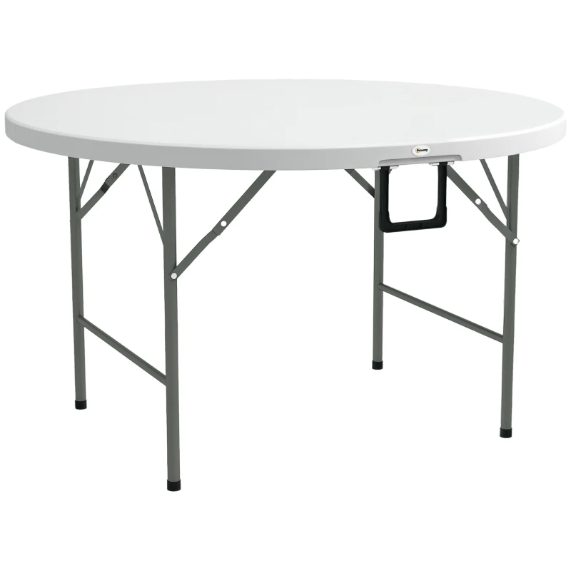 Outsunny Folding Garden Table, Φ122 cm Round HDPE Outdoor Picnic Table for 6, Metal Frame for Patio, Park, White