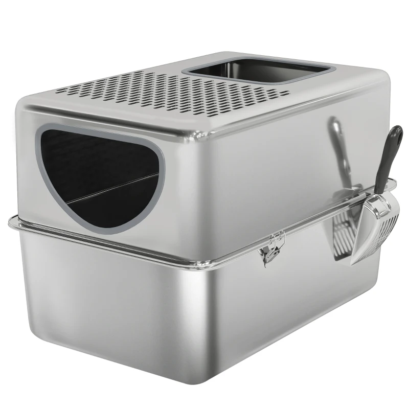 PawHut Litière en Acier Inoxydable XL pour Chats Bac à Litière avec Pelle Ouvertures Doubles Facile à nettoyer Argent(m-7)