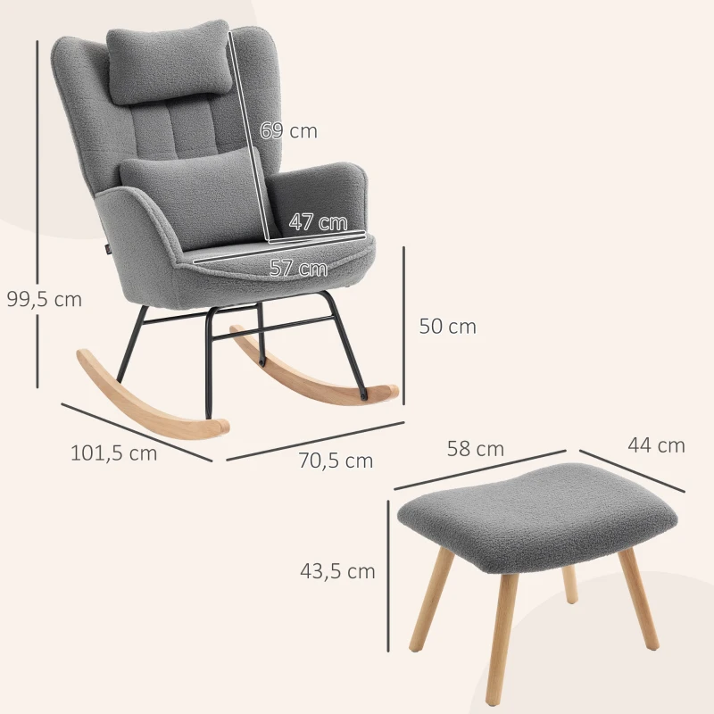 HOMCOM Sillón Mecedora con Reposapiés, Cubierta de Fleece Suave, Patas de Madera, Cojín, Respaldo Alto, Sillón de Balanceo, Gris oscuro