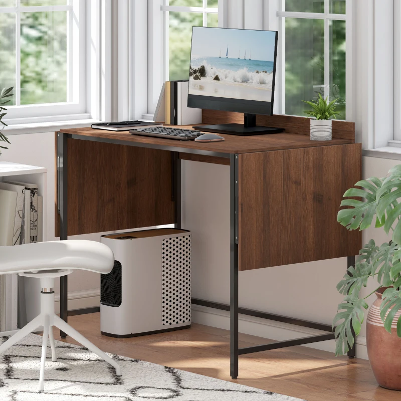 HOMCOM Klappbarer Schreibtisch Computer Tisch 2 klappbare Klappen für 2 Bildschirme, für Schlafzimmer, kleine Räume, 170 x 58 x 78 cm Nussbaum