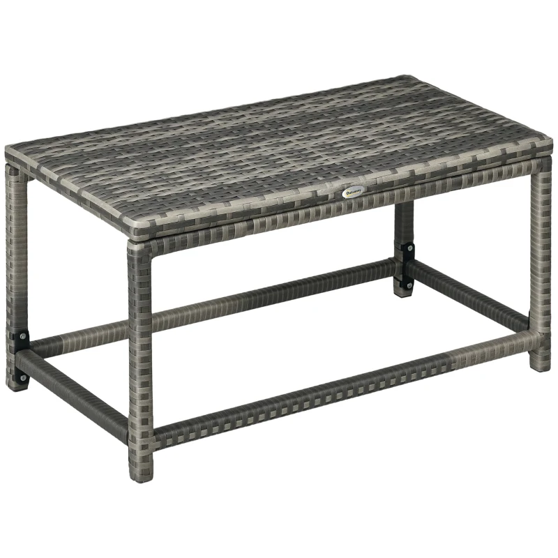 Outsunny Outdoor Coffee Table, Garden PE Rattan Side Table with Plastic Board Under the Full Woven Table Top and Rectangular Frame for Patio, Balcony, Mixed Grey