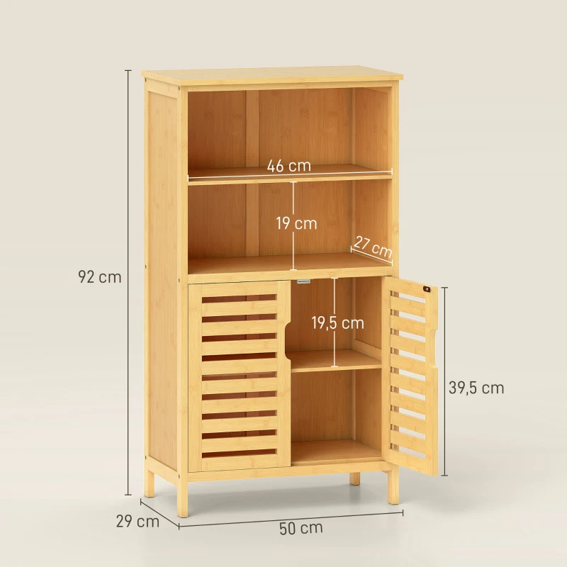 kleankin Armário Casa de Banho de Bambu Móvel Auxiliar Casa de Banho com 2 Portas 2 Prateleiras Abertas 50x29x92 cm Madeira