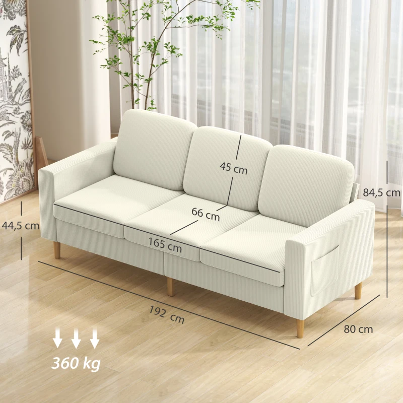 HOMCOM Canapé 3 places en velours côtelé, canapé avec coussins à ressorts et assise rembourré, 192x80x84,5cm, beige