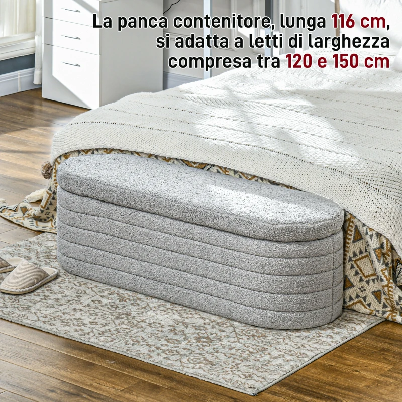 HOMCOM Panca Fondo Letto in Tessuto Teddy con Vano Contenitore, 116x41x40.5cm, Grigio Chiaro