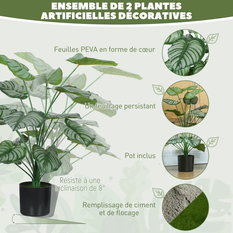 HOMCOM Lot de 2 plantes artificielles intérieures 65 cm, arbre artificiel avec pot en plastique et flocage, vert