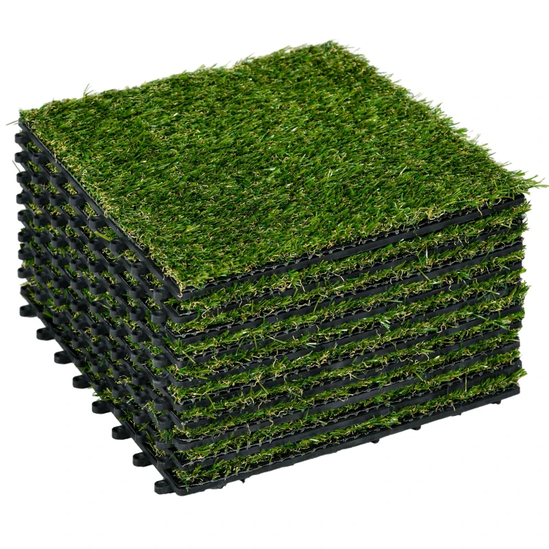 Outsunny Césped Sintético de 10 Piezas Alfombra Césped Artificial 30x30 cm con Altura de Hierba 20 mm y Anti-UV Verde Oscuro