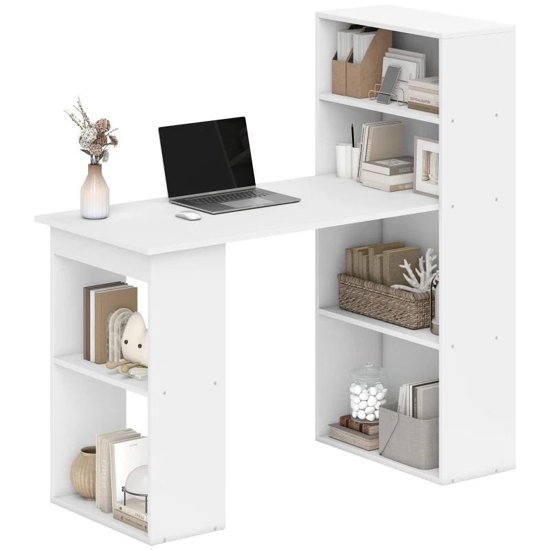 HOMCOM Escritorio con Estantería Librería Reversible Mesa de Ordenador con 6 Estantes de Almacenaje Estilo Moderno para Oficina Estudio Despacho 120x55x120 cm Blanco