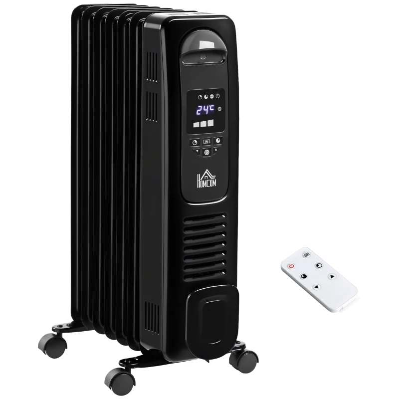 HOMCOM 1500W Digital Oil Filled Radiator, 7 Fin, Portable Electric Heater with LED Display, Built-in Timer, 3 Heat Settings, Safety Cut-Off and Remote Control, Black