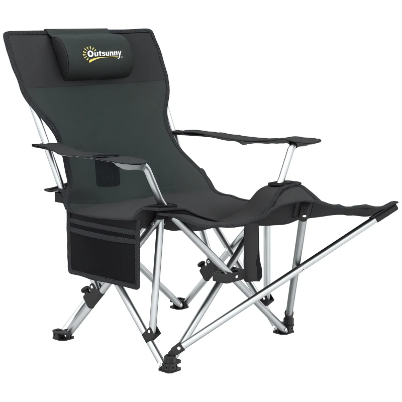 Outsunny Chaise de camping pliante fauteuil de pêche avec repose-pied amovible, appui-tête, porte-gobelet, sac de transport noir