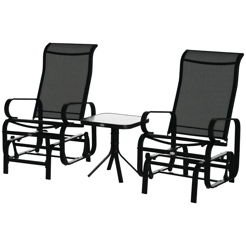 Outsunny 3 Pieces Garden Gliding Chair Set, Metal Frame 2 Single Armchair Swing Seater and 1 Glass Top Coffee Table w/ Breath Mesh Fabric Seat, Black