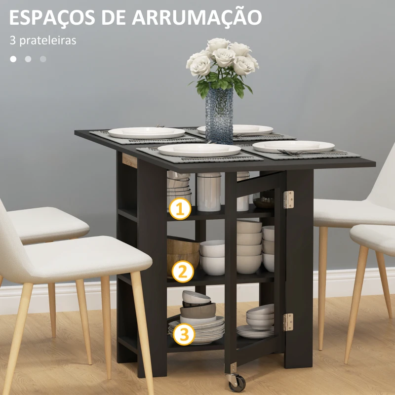 HOMCOM Mesa de Cozinha com Laterais Dobráveis Mesa de Refeição com 2 Rodas e Prateleiras Estilo Moderno 120x60x75 cm Preto