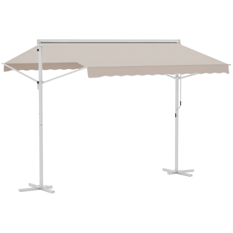 Outsunny Store Double Pente 3 x 3 m Manuel rétractable Inclinaison réglable Acier époxy Blanc Polyester imperméabilisé Anti-UV Beige