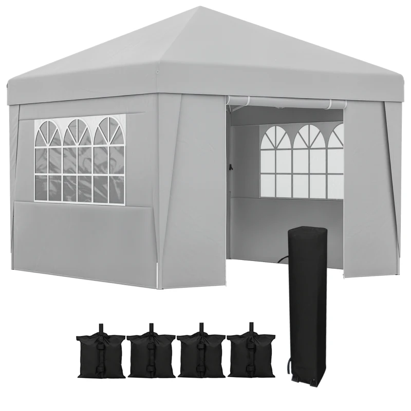 Outsunny Tonnelle de jardin pliante 3 x 3 x 2,75 m anti-UV 30 + avec fenêtres + parois latérales + sac de transport gris