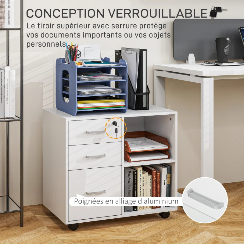 HOMCOM Support d'imprimante à 3 tiroirs verrouillables, meuble de rangement sur roulettes, étagères ouvertes, 60x40x56cm, blanc