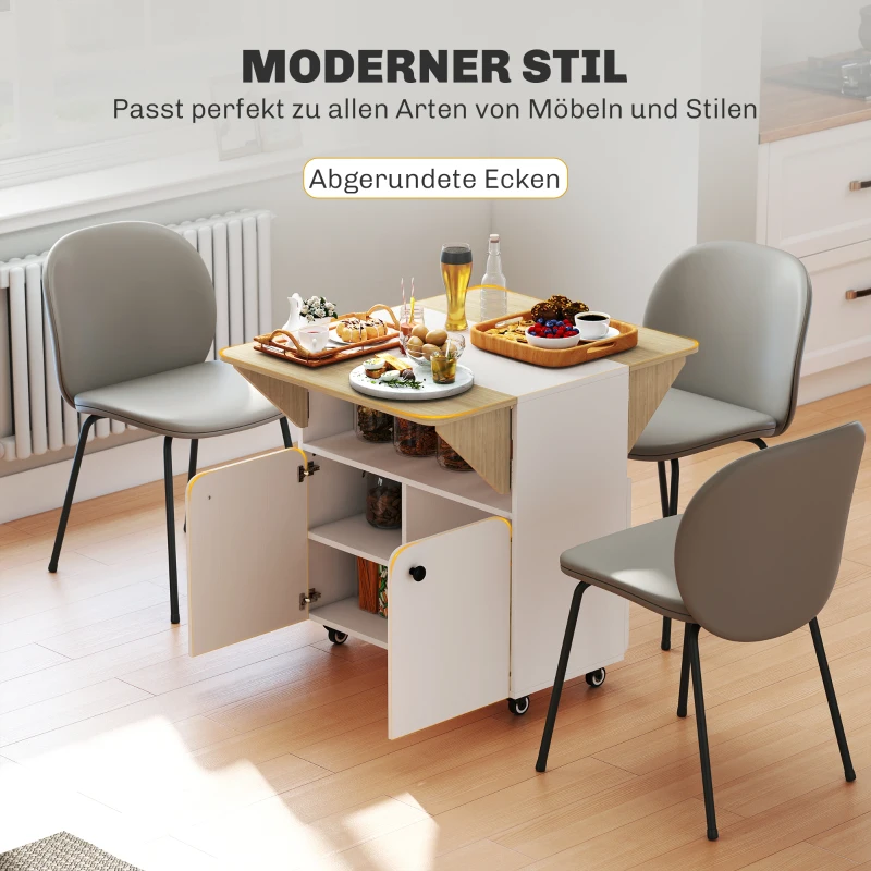 HOMCOM Klapptisch Rollschrank, zwei klappbare Tischseiten, Schrankfach, 4 Rollen, Weiß+Naturholz, 70 x 83 x 75cm(m-5)