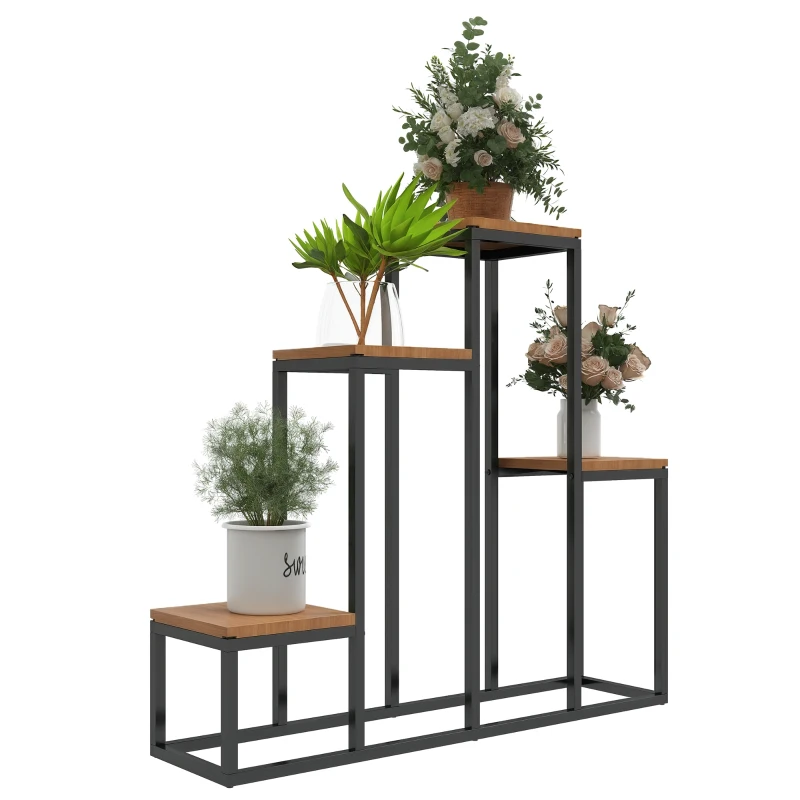 Outsunny Étagère à plantes étagère à fleurs en métal et bois 4 niveaux de différentes hauteurs style industriel 80 x 20 x 74 cm