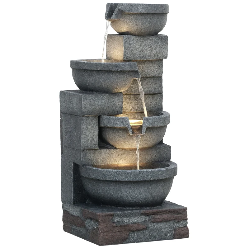 Outsunny Fonte de Jardim com Iluminação LED Fonte Decorativa em Cascata de 4 Níveis 38x35x78,5 cm Cinzenta