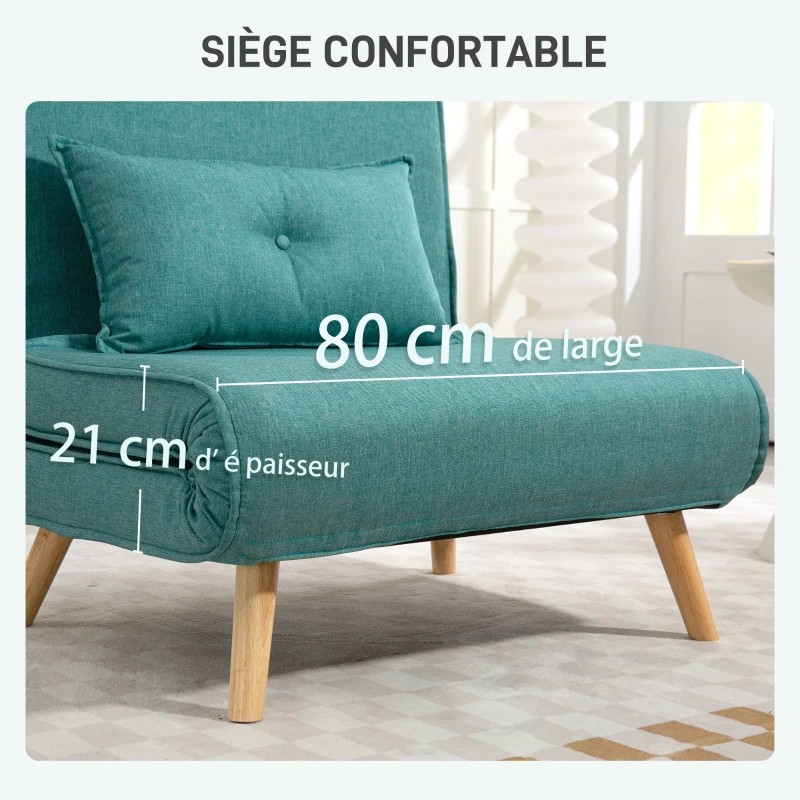 HOMCOM Fauteuil convertible 1 place canapé-lit clic-clac 3 en 1 avec dossier réglable en 5 positions, oreiller inclus, vert
