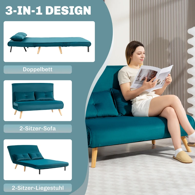 HOMCOM 2-Sitzer-Schlafsofa, Bettsofa, in Bett umwandelbare Couch, verstellbare Rückenlehne, Stoffbezug, Metallrahmen, Grün(m-4)