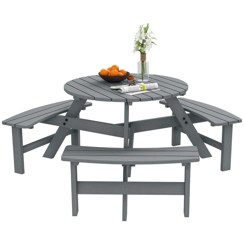 Outsunny 6 Seater Wooden Picnic Table and Garden Benches Set, Round Garden Dining Set with 3 Benches and Umbrella Hole Outdoor Garden Park, Grey