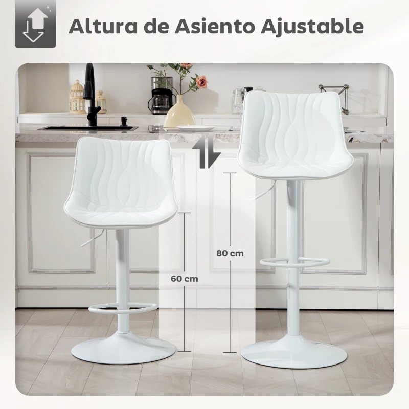HOMCOM Juego de 2 Taburetes de Bar con Altura Ajustable Respaldo Asiento de Piel Sintética Marco de Acero y Reposapiés Blanco