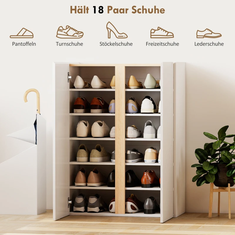 HOMCOM Schuhschrank mit Soft-Close-Funktion, 6-stufiges Design ohne Griffe, fasst bis zu 18 Paare, für Flur, Eingangsbereich, Holz, Weiß(m-4)