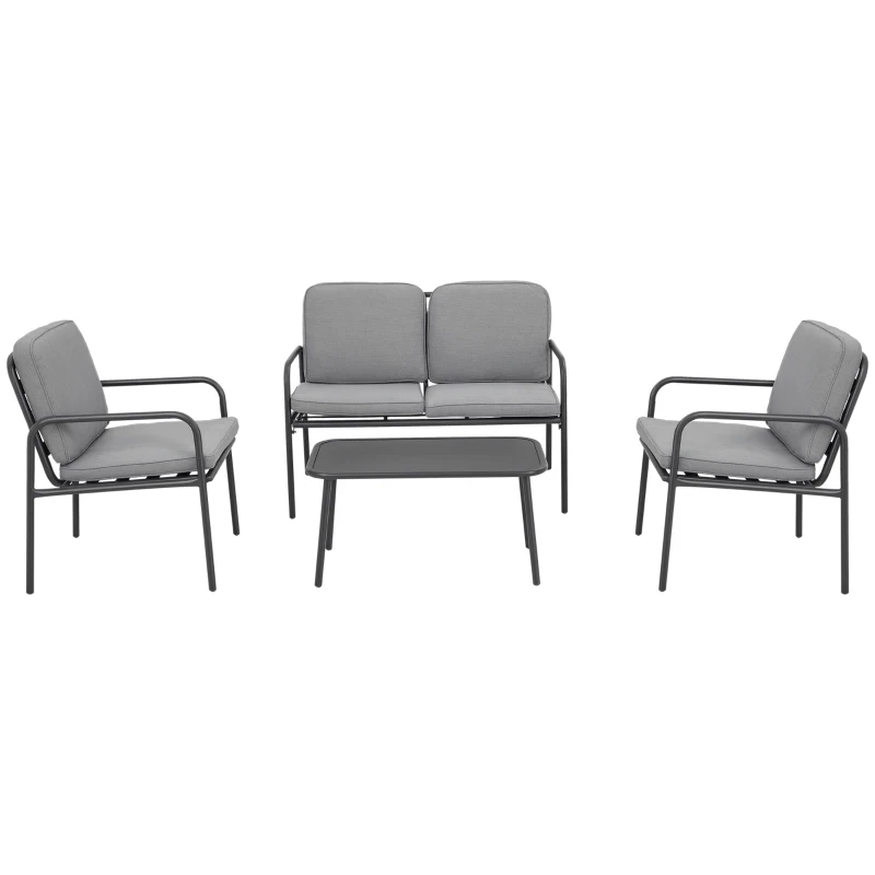 Outsunny Ensemble salon de jardin 4 pièces 4 personnes avec canapé 2 places, fauteuils et table basse 8 coussins pour terrasse jardin - métal époxy noir polyester gris