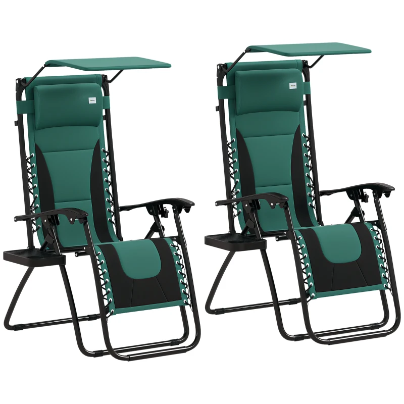 Outsunny Zero Gravity Lounger Chair Set of 2, Folding Reclining Patio Chair with Shade Cover, Padded Seat, Cup Holder, Soft Cushion and Headrest for Poolside, Camping, Green
